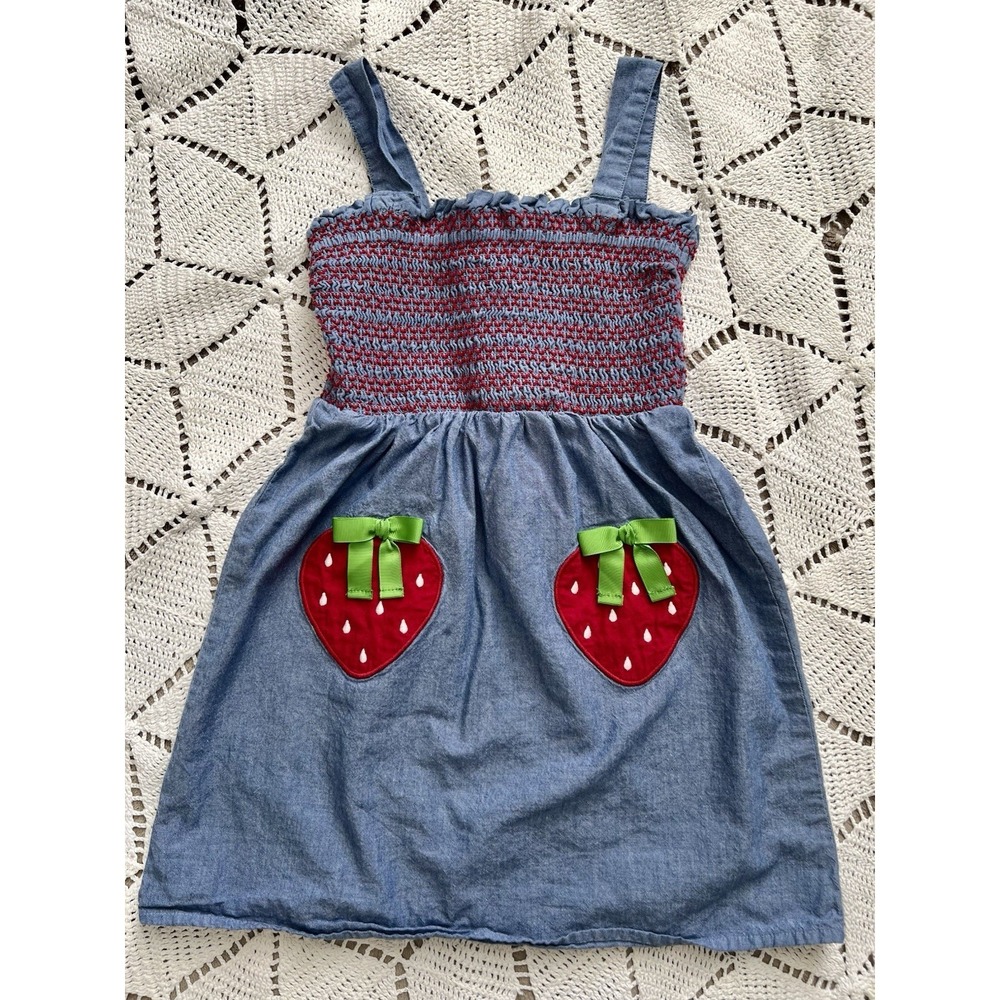 Gymboree Cotton Girls Chambray Smocked‎ Strawberry Dress Sz 6 Cottagecore Summer